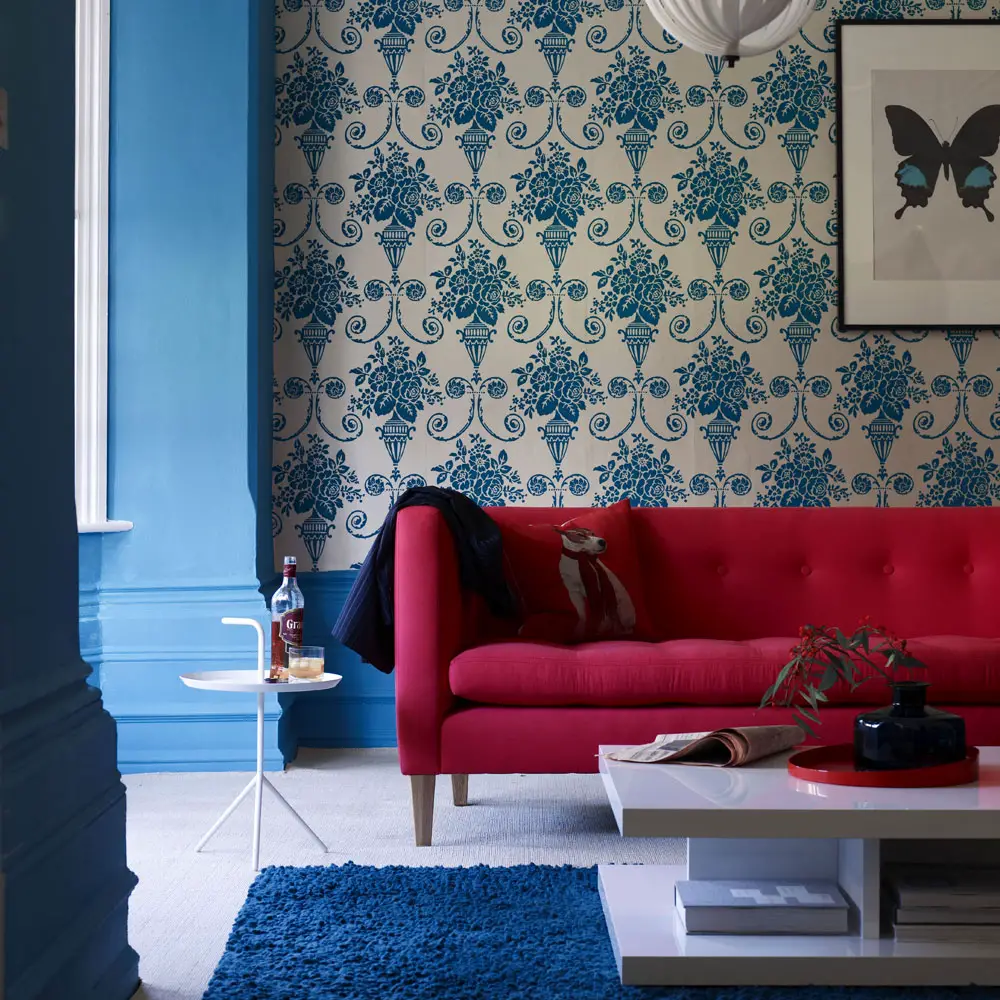 deco salon papier peint bleu classique