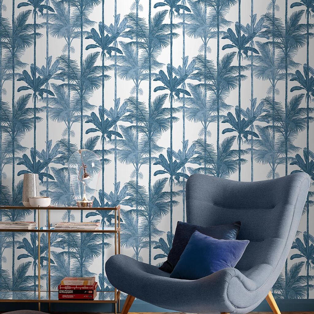 salon papier peint bleu motif tropical