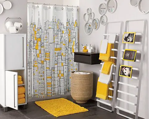 salle de bain decoration jaune gris blanc