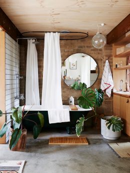 salle de bain bois plantes vertes