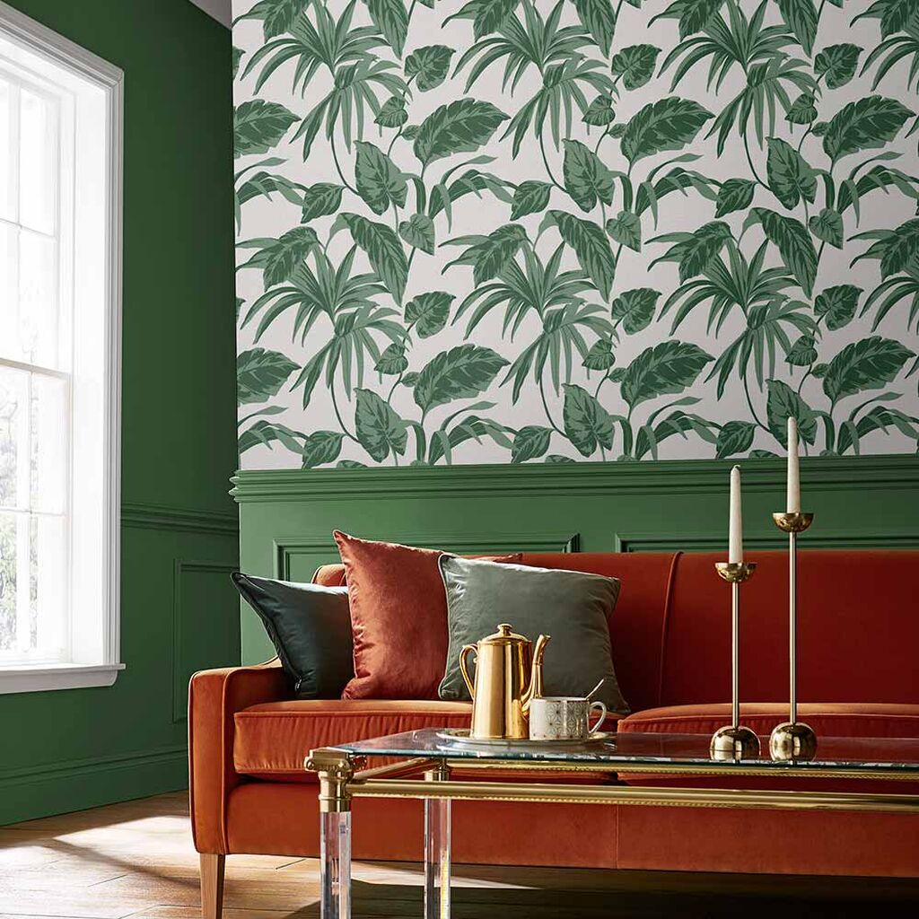 salon couleur vert papier peint vert blanc tropical