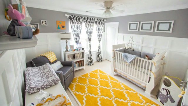 chambre bebe decoration neutre gris et jaune