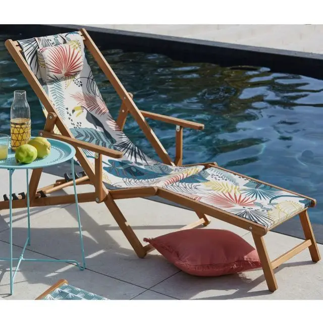 deco jardin chaise longue toile motif tropical