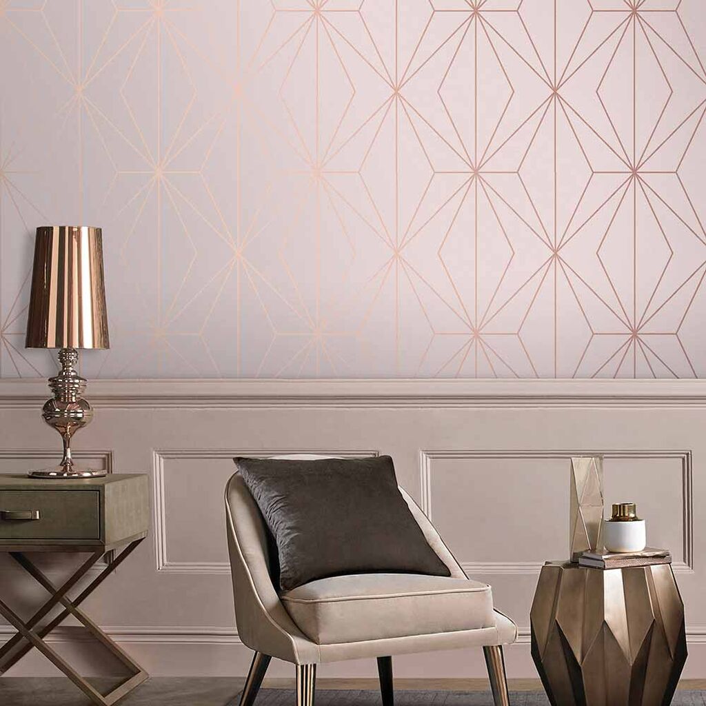 salon papier peint rose geometrique