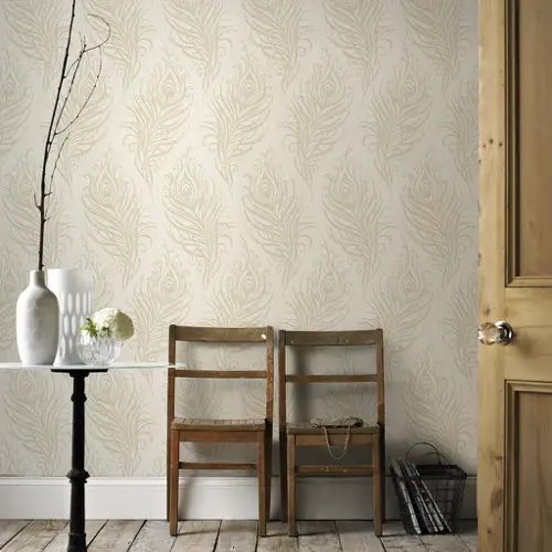 papier peint beige motif feuille