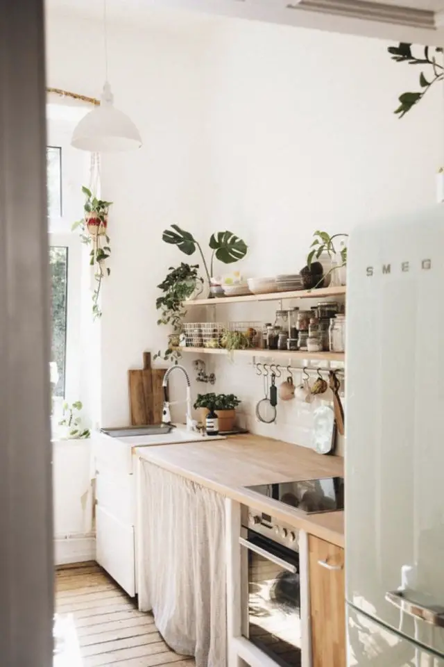 decoration cuisine style nature exemple décor moderne etagere frigo smeg plante