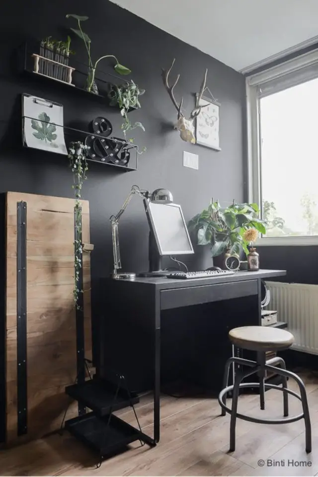 petit bureau teletravail exemple noir déco masculine bois plantes verte peinture mate