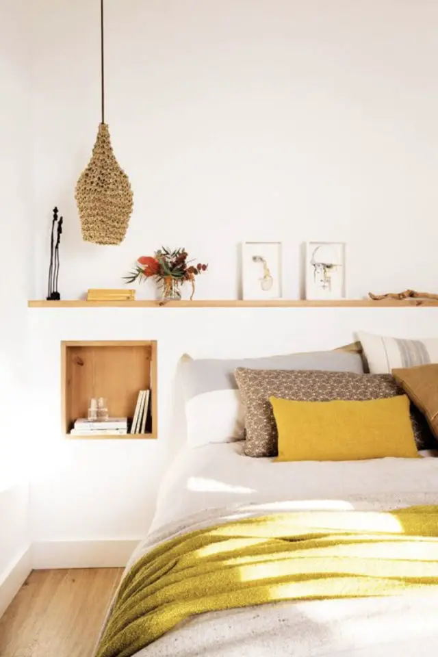 bien etre deco interieur couleur exemple chambre à coucher adulte blanc détail jaune brun naturel