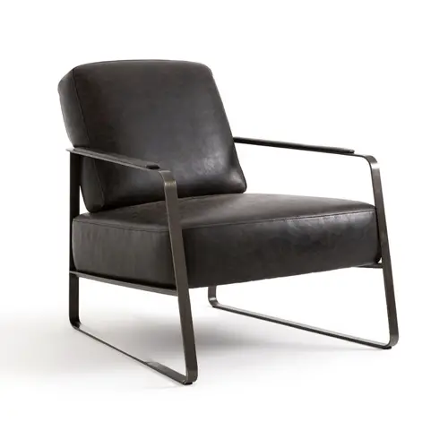mobilier salon style masculin fauteuil vintage rétro cuir noir armature métal noir