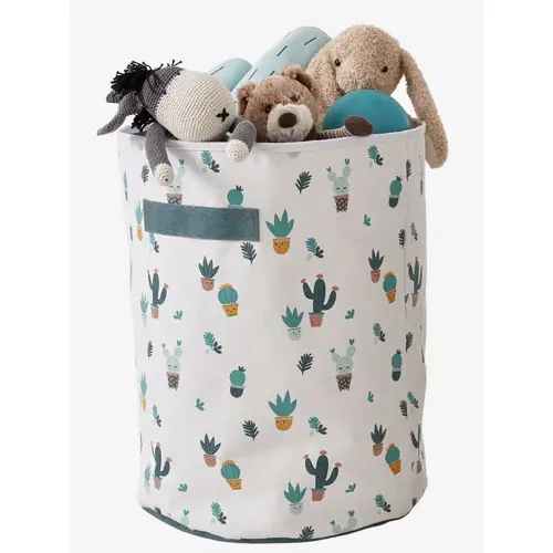 petit rangement enfant couleur panier a jouets blanc et vert cactus motif