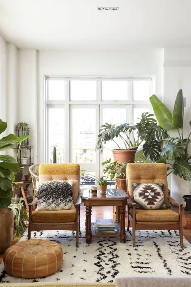 salon sejour vintage exemple fauteuil jaune rétro plantes vertes
