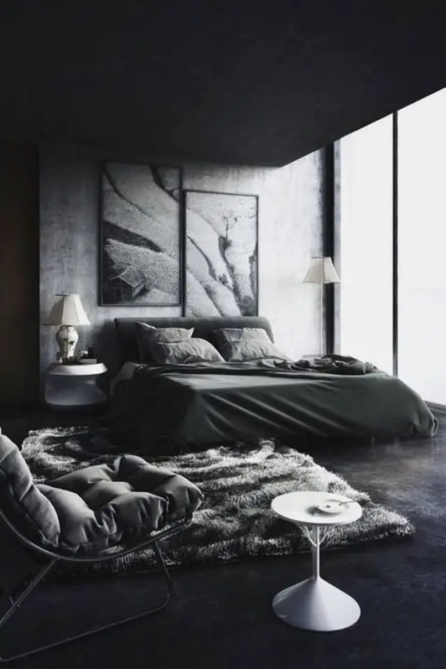 chambre a coucher style masculin exemple peinture mur et plafond couleur sombre parure de lit noire élégant et intime