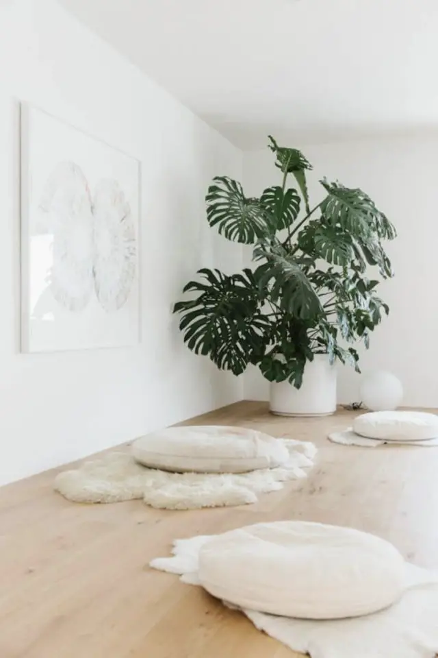 coin meditation plante exemple coussin de sol rond petit tapis espace lumineux