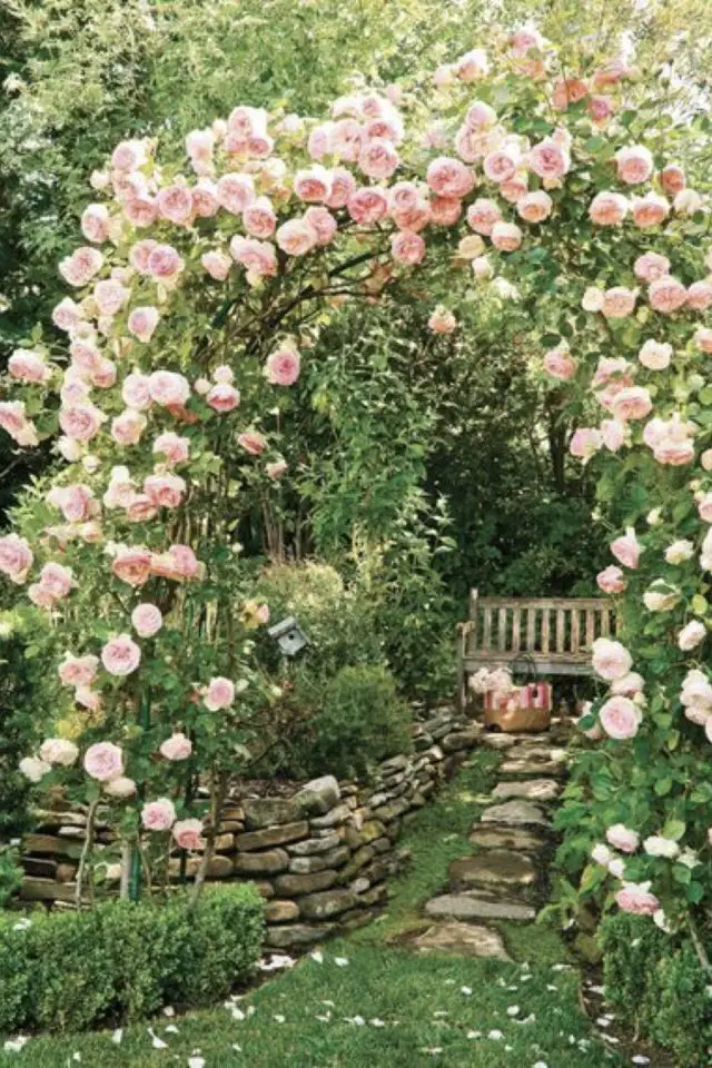 nature jardin detente banc allée fleur rose romantique bucolique