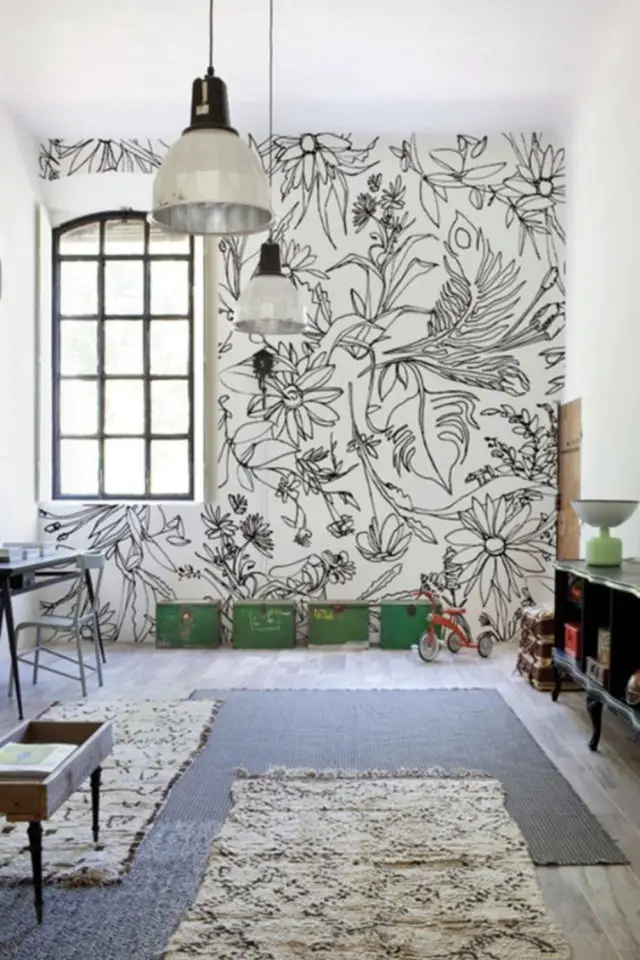 papier peint floral noir et blanc motif plante et fleur tropical grand format XXL