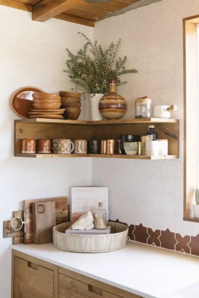blanc bois plantes elegance decoration cuisine étagère d'angle en bois
