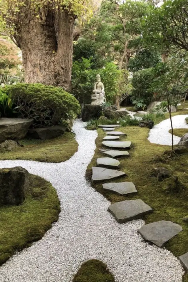 jardin zen mediation exemple allée en graviers statue en point de fuite