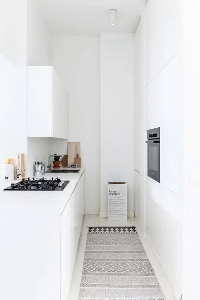 petit logement minimalisme exemple petite cuisine tout en longueur couloir blanc simple épuré