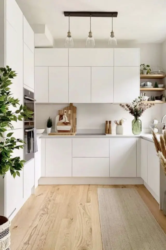 cuisine minimaliste moderne exemple petit espace mobilier façade épuré blanc
