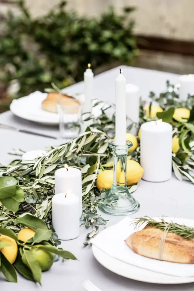 decoration de table agrume citron bougie blanche végétal