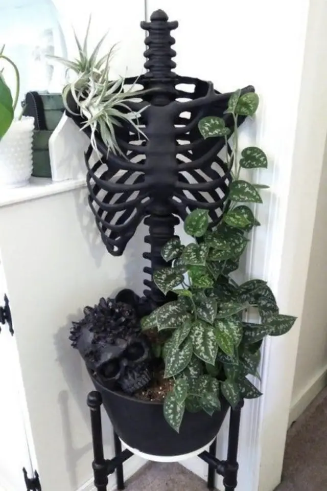 decoration decalee rock exemple cache pot forme squelette noir plante grimpante
