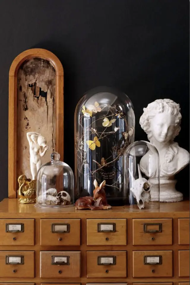 detail deco rock decale exemple cabinet de curiosité dessus de meuble cloche en verre buste