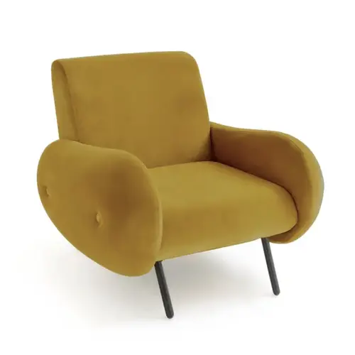 fauteuil vintage decoration rock velours couleur jaune ocre forme arrondie 70s
