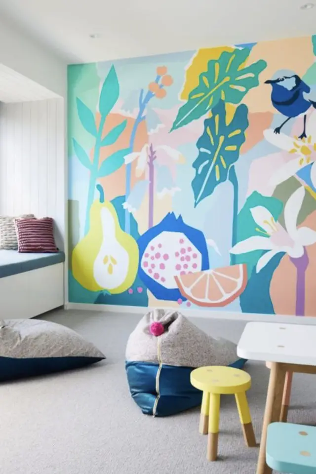 fresque murale chambre enfant exemple couleur pastel acidulée plantes tropicale fleur fruit