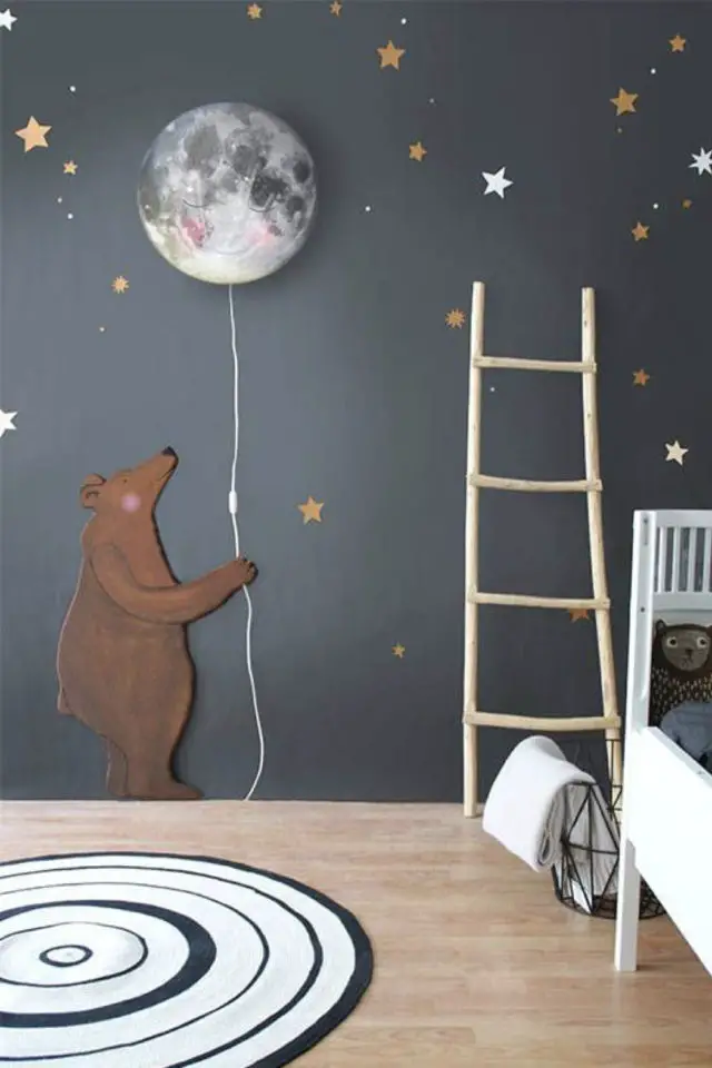 fresque murale chambre enfant exemple mur gris anthracite décor our ballon lune applique murale poétique intemporel