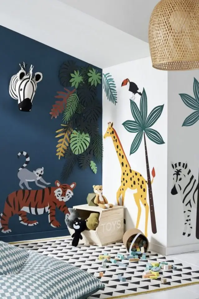 fresque murale chambre enfant exemple décor jungle animaux safari simple 