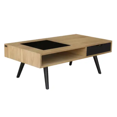 salon sejour minimaliste famille table basse rectangulaire avec niche esthétisme épuré bois et noir