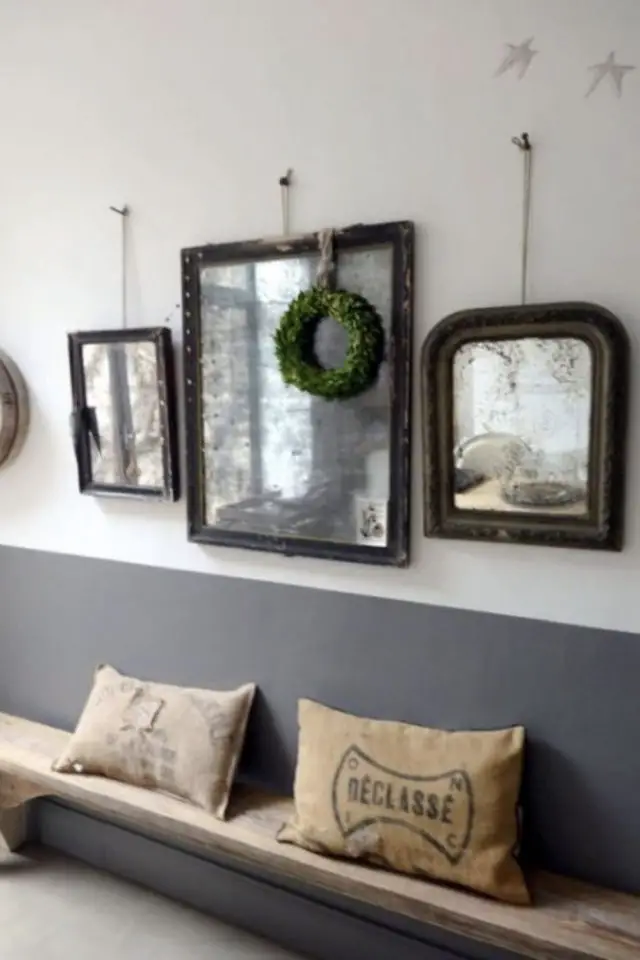 soubassement peinture couleur exemple gris foncé banc miroir coussin entrée couloir