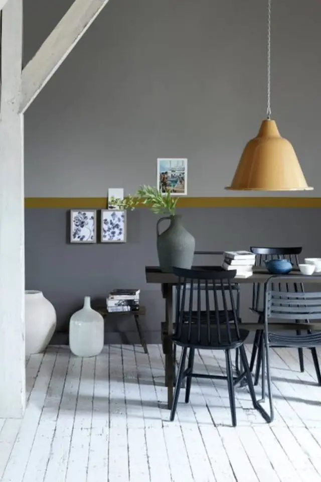 soubassement peinture couleur exemple salle à manger moderne gris camaïeux liseré jaune