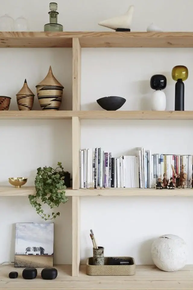 etagere bois bureau exemple effet bibliothèque en pin simplicité slow living