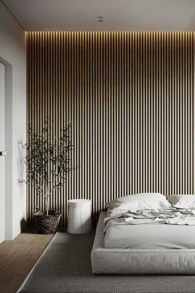 exemple mur tasseaux bois moderne chambre adulte épurée slow design