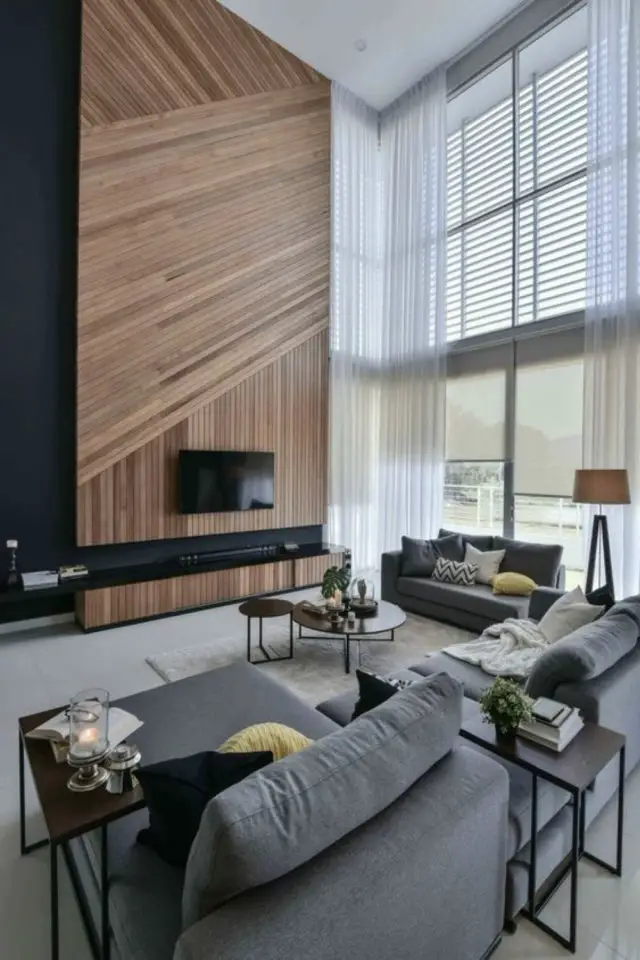 exemple mur tasseaux bois moderne grand salon meuble télévision design contemporain