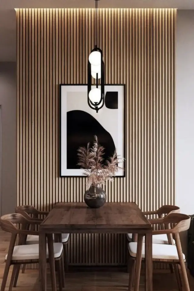 exemple mur tasseaux bois moderne salle à manger pièce à vivre design épuré