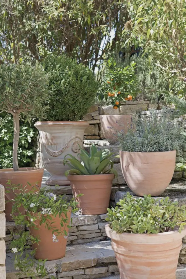 exemple terrasse deco pot plantes escaliers contenants en terre-cuite terracotta mix and match
