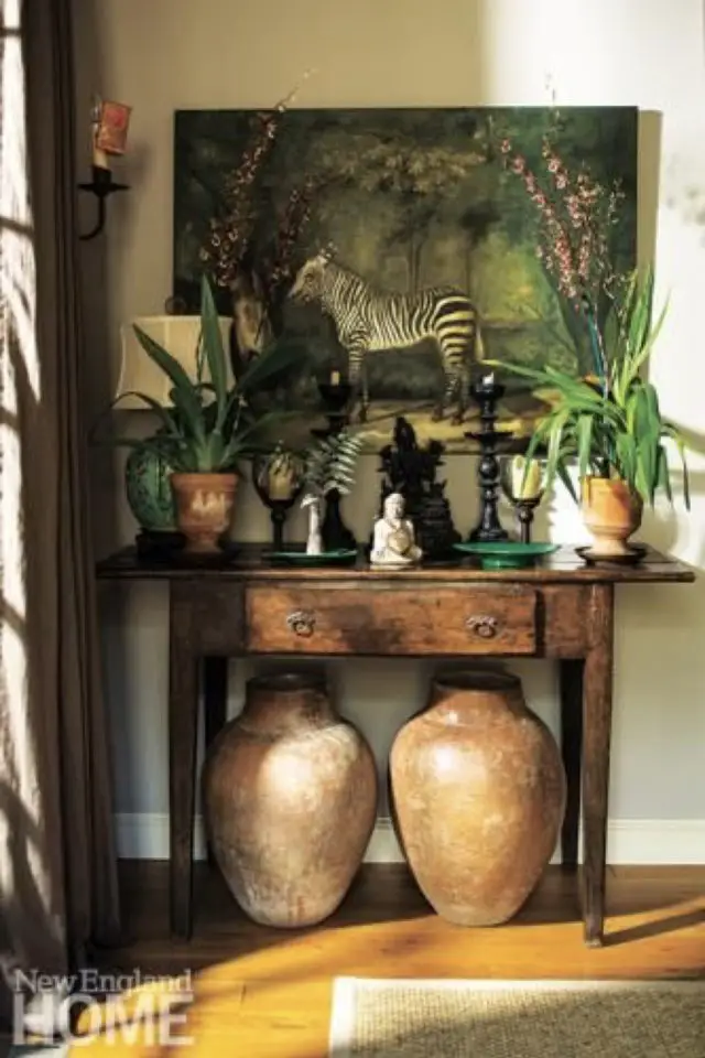 meuble vintage plantes vertes exemple console en bois ancien