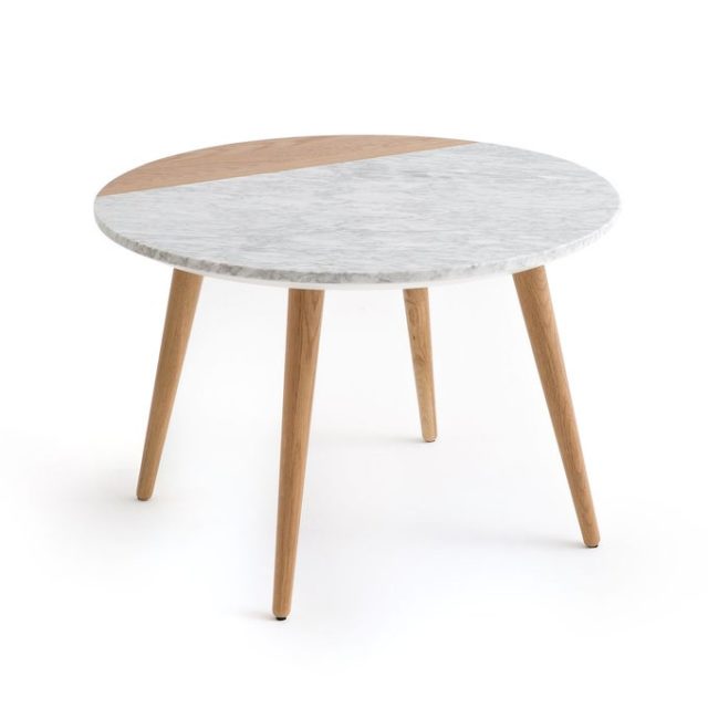 solution amenagement petit logement meuble appoint rond Table basse, plateau marbre blanc et chêne