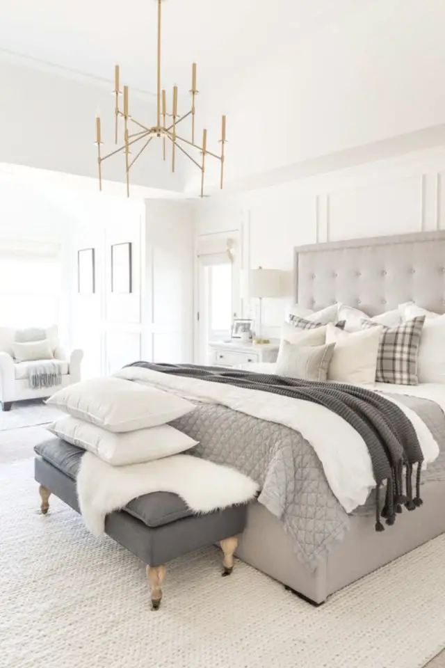 deco chambre adulte drap flanelle exemple couleur blanc et gris plaid moderne lumineux