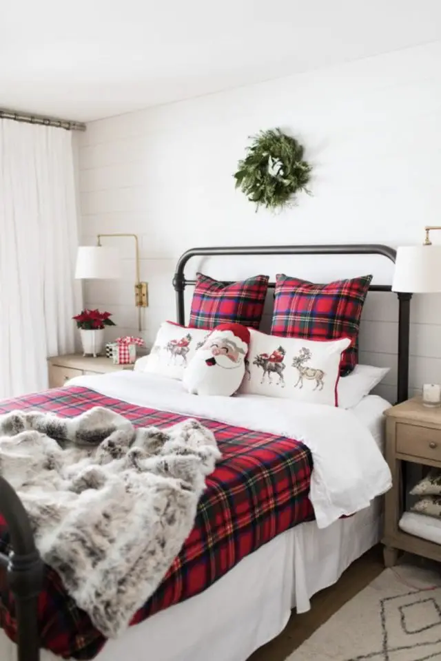 deco chambre adulte drap flanelle exemple blanc et tartan traditionnel rouge chaleureux cosy et nesting 