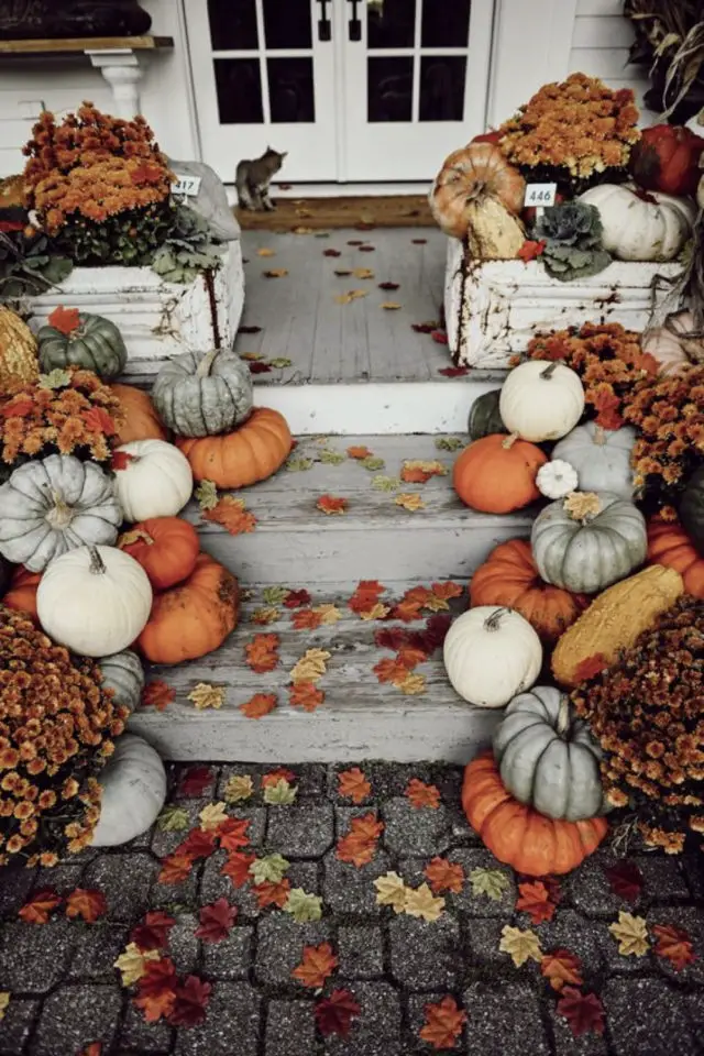 devanture maison decor halloween marche terrasse potiron courge orange blanc gris