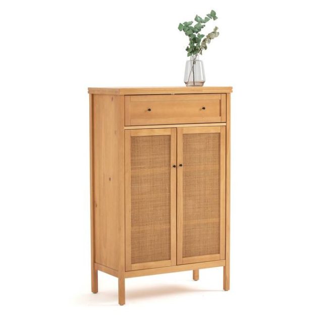 meuble slow deco salon petit bahut en bois 2 tiroirs porte en cannage