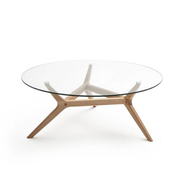 meuble slow deco salon table basse plateau en verre rond piètement bois