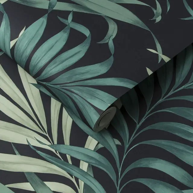 mix match cuir papier peint motif style tropical noir feuillage vert