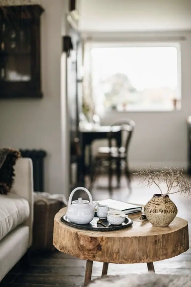 salon style slow living exemple détail table basse bout de canapé souche arbre naturel