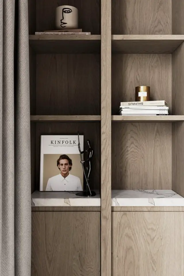 salon style slow living exemple bibliothèque bois épurée minimaliste simplicité essentiel