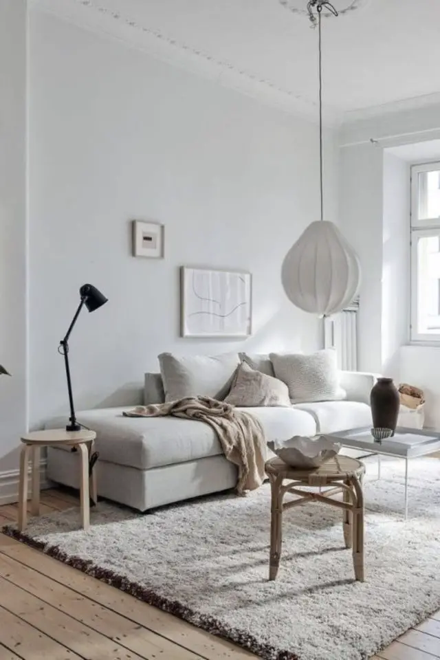 salon style slow living exemple minimalisme épuré canapé gris murs blanc simplicité