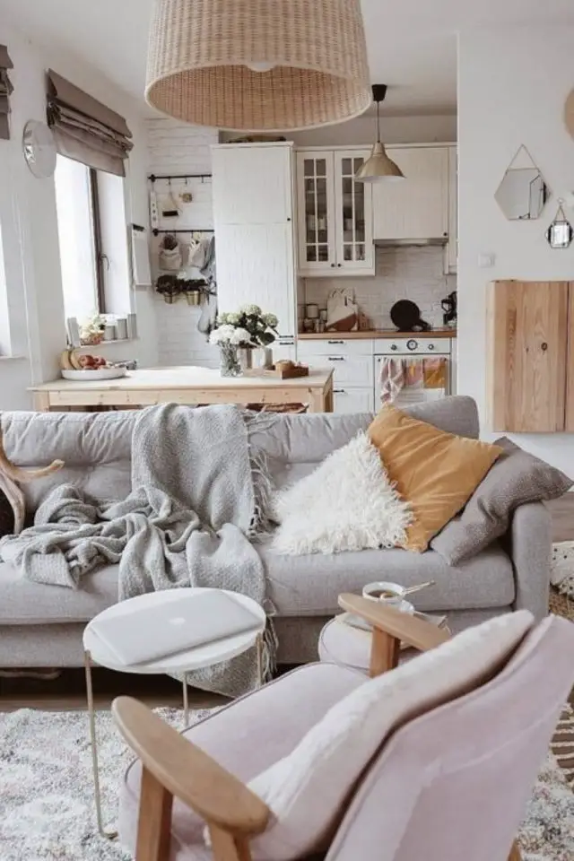 touche hygge deco salon exemple pièce à vivre moderne canapé gris